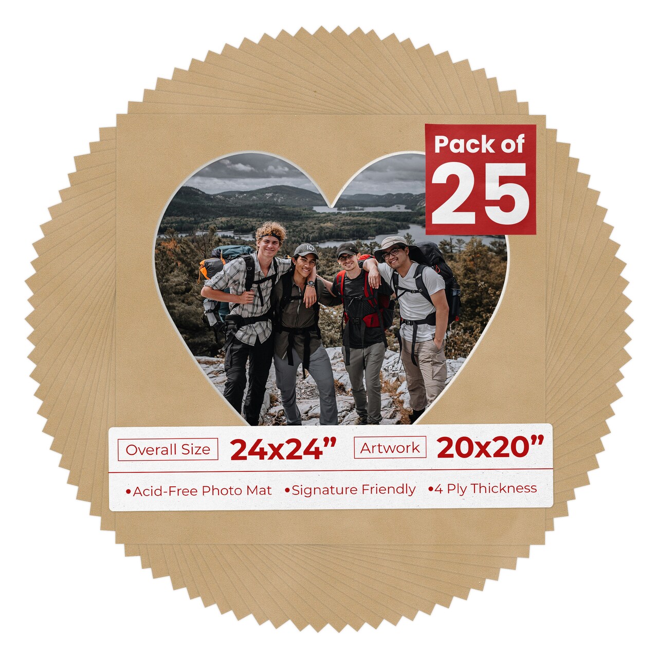 Beige Suede Mat Board for 24x24 Frames - Heart Opening for 20x20 Photos